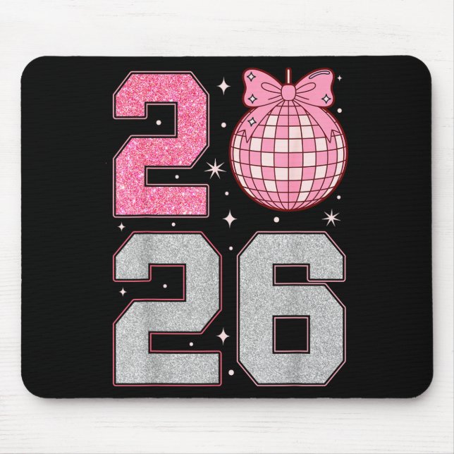 Happy New Year 2026 Disco Ball Nk Coquette Bow Fam Mouse Pad (Front)