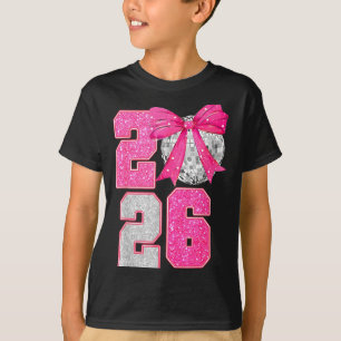 Happy New Year 2026 Disco Ball Nk Coquette Bow Fam T-Shirt
