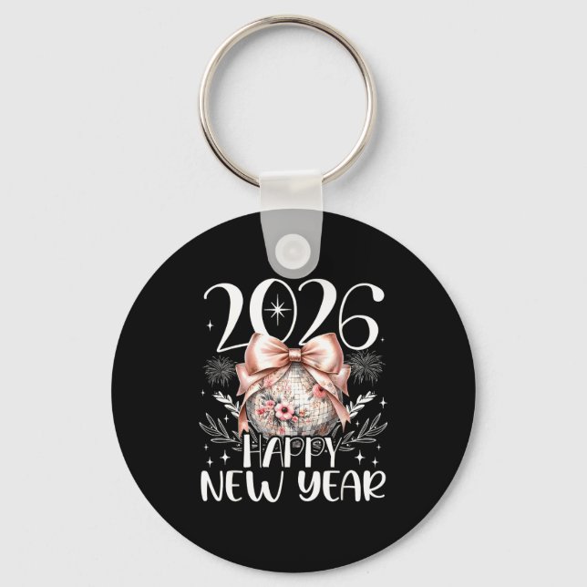 Happy New Year 2026 Disco Cute Bow Flower New Year Keychain (Front)