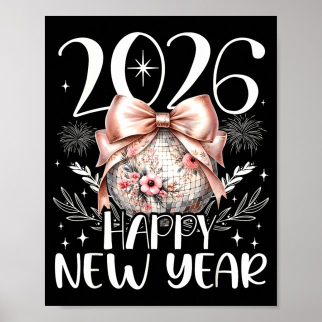 Happy New Year 2026 Disco Cute Bow Flower New Year Poster (Front)