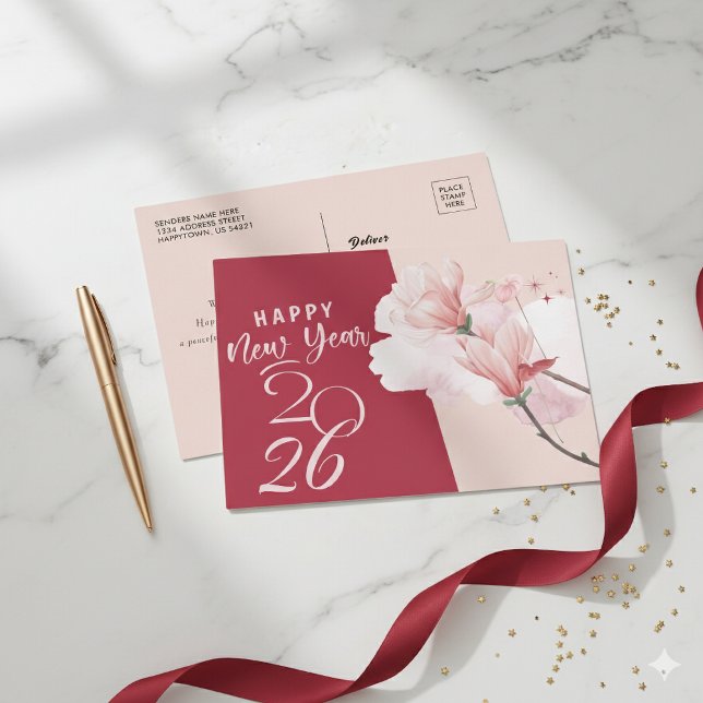 Happy New Year 2026 Elegant Floral Foil Postcard (Creator Uploaded)