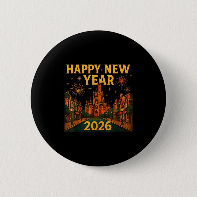 Happy New Year 2026 Fantasy Castle Fireworks Night Button (Front)
