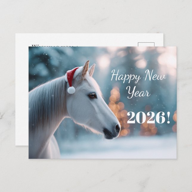 Happy New Year 2026: Festive Horse in Santa Hat  Holiday Postcard (Front/Back)