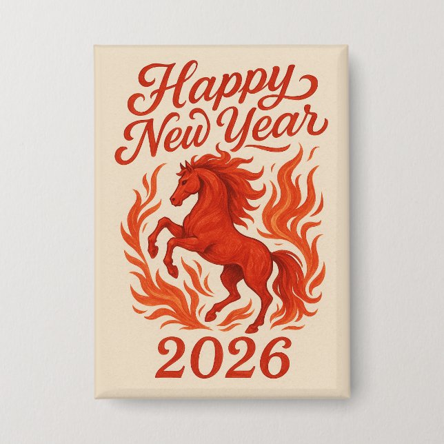 Happy New Year 2026 Fiery Horse Button (Front)