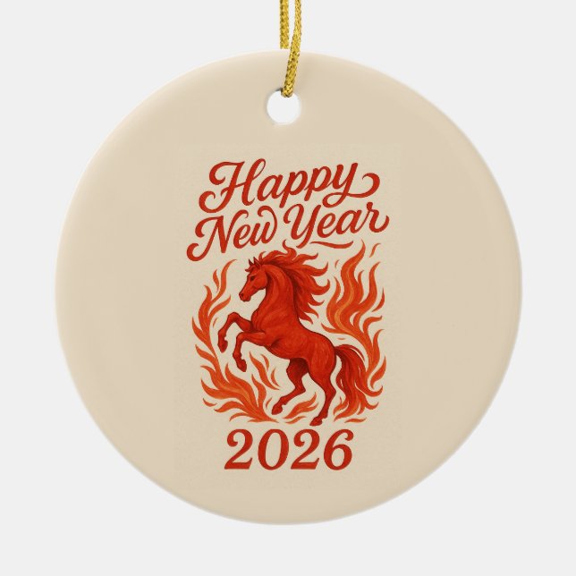 Happy New Year 2026 Fiery Horse Ceramic Ornament (Front)