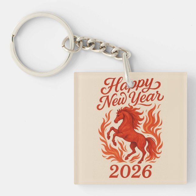 Happy New Year 2026 Fiery Horse Keychain (Front)