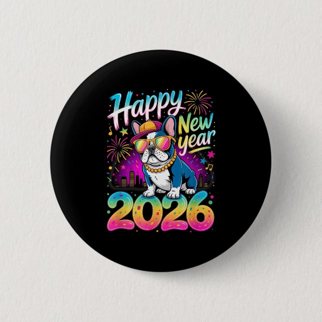 Happy New Year 2026 French Bulldog Fireworks Party Button (Front)