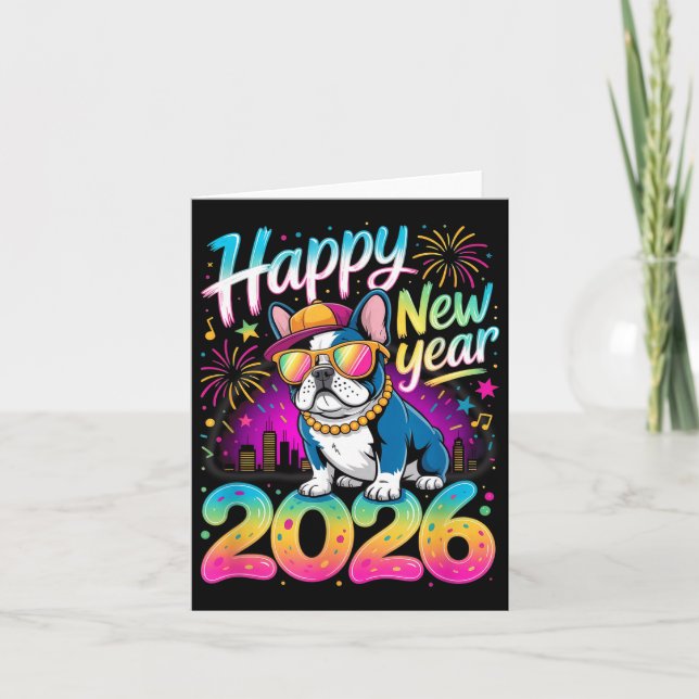 Happy New Year 2026 French Bulldog Fireworks Party Card (Front)
