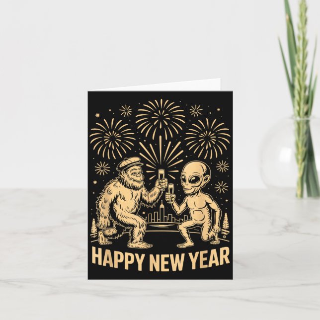 Happy New Year 2026 Funny Bigfoot And Alien Lovers Card (Front)