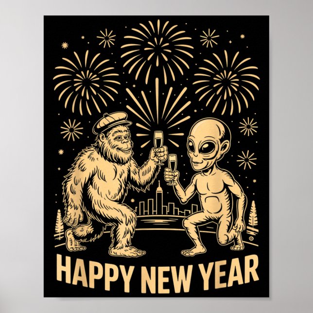 Happy New Year 2026 Funny Bigfoot And Alien Lovers Poster (Front)