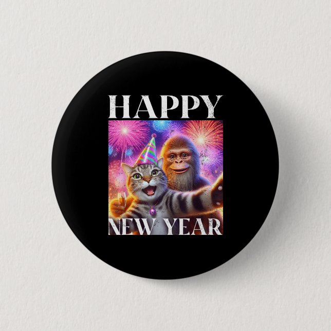 Happy New Year 2026 Funny Cat Bigfoot Party Art  Button (Front)