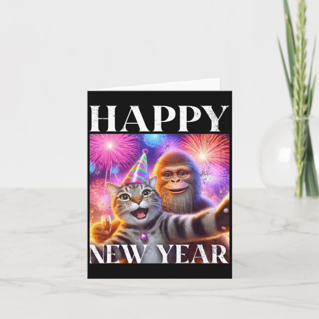 Happy New Year 2026 Funny Cat Bigfoot Party Art  Card (Front)