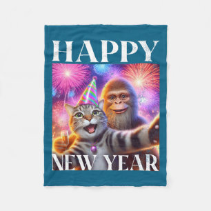 Happy New Year 2026 Funny Cat Bigfoot Party Art Fleece Blanket