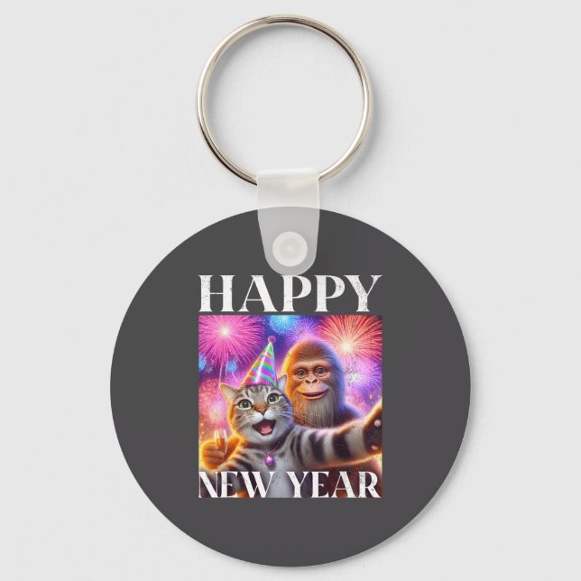 Happy New Year 2026 Funny Cat Bigfoot Party Art  Keychain (Front)