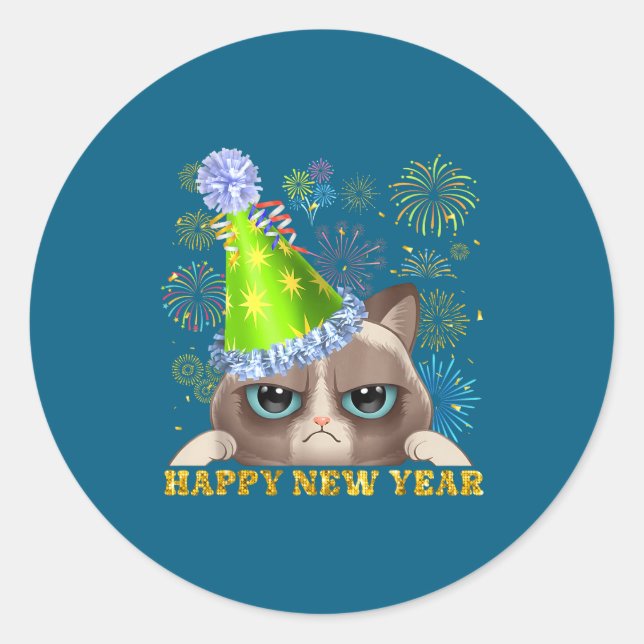 Happy New Year 2026 Funny Cat New Year's Eve Hat G Classic Round Sticker (Front)