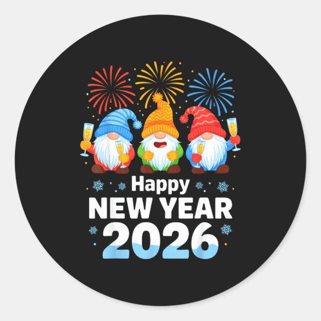 Happy New Year 2026 Gnome With Fireworks And Champ Classic Round Sticker (Front)