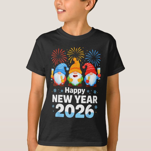 Happy New Year 2026 Gnome With Fireworks And Champ T-Shirt (Front)
