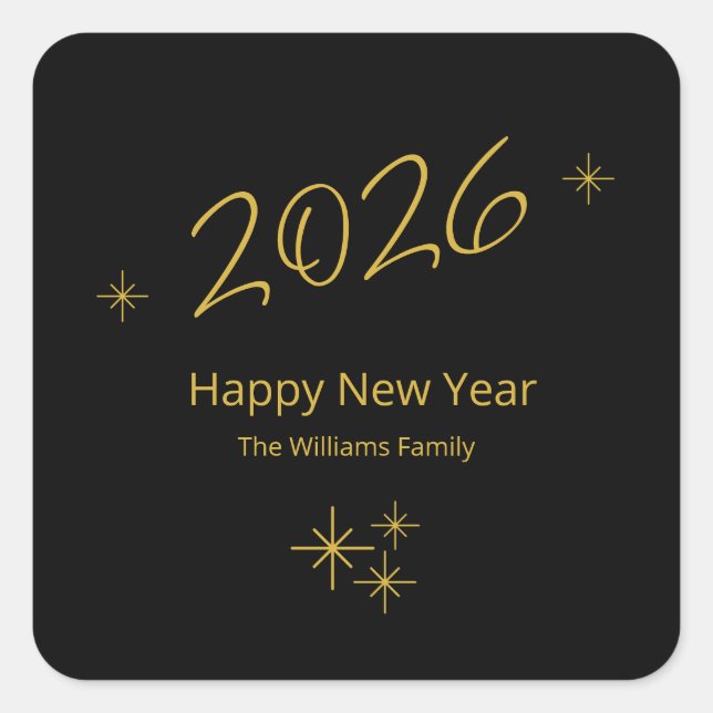 Happy New Year 2026 Gold Black Glam Snowflakes Square Sticker (Front)