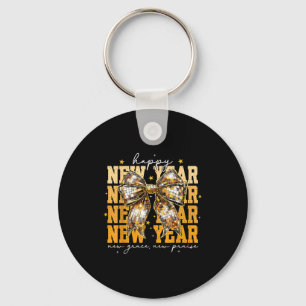 Happy New Year 2026 Gold Coquette Bow Disco Ball C Keychain