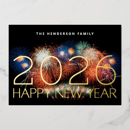 HAPPY NEW YEAR 2026 GOLD FIREWORKS PHOTO BACK FOIL HOLIDAY CARD