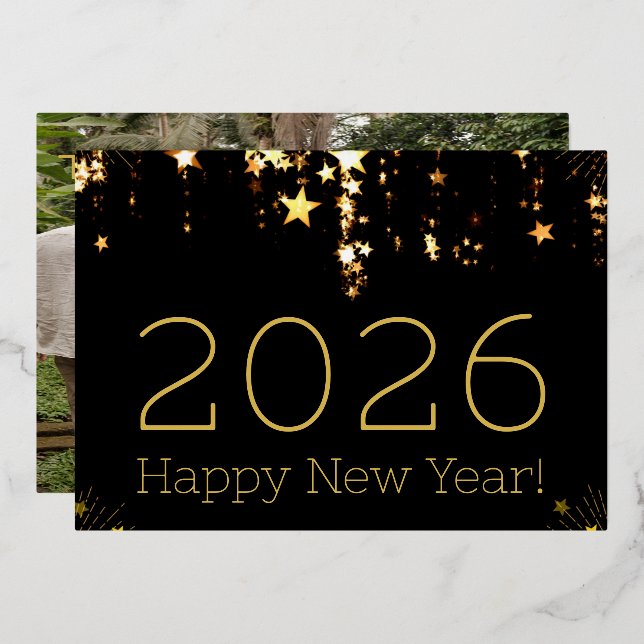 HAPPY NEW YEAR 2026 GOLD STARS FAMILY PHOTO BACK FOIL HOLIDAY CARD (Front/Back)