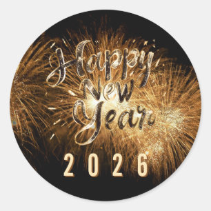 Happy new year 2026 golden details fireworks light classic round sticker