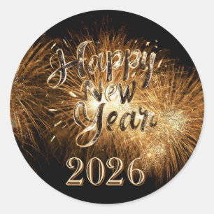 Happy new year 2026 golden details fireworks light classic round sticker
