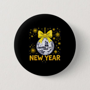 Happy New Year 2026 Golden Disco Ball Bow New Year Button