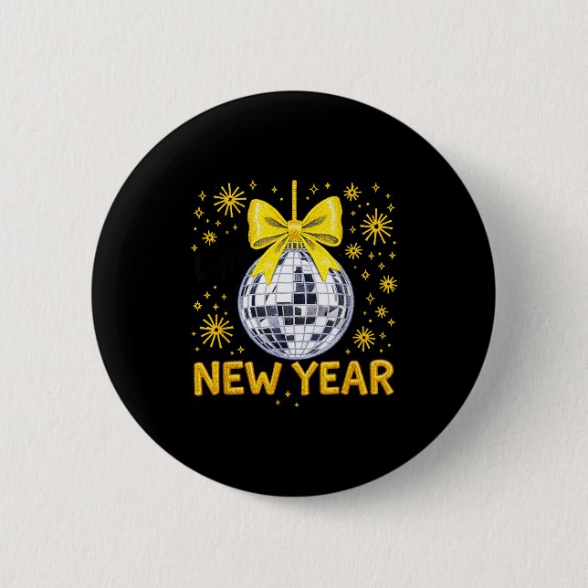 Happy New Year 2026 Golden Disco Ball Bow New Year Button (Front)