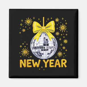 Happy New Year 2026 Golden Disco Ball Bow New Year Magnet