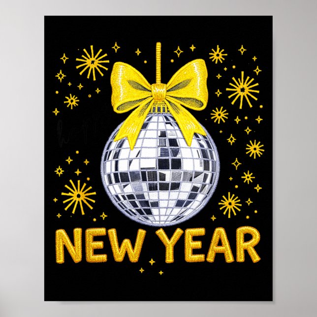 Happy New Year 2026 Golden Disco Ball Bow New Year Poster (Front)
