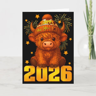 Happy New Year 2026 Highland Cow & Party Hat N Card