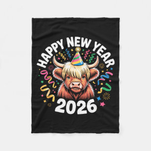 Happy New Year 2026 Highland Cow &amp; Party Hat N Fleece Blanket