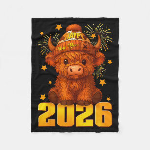 Happy New Year 2026 Highland Cow & Party Hat N Fleece Blanket