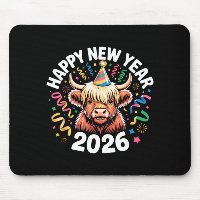 Happy New Year 2026 Highland Cow &amp; Party Hat N Mouse Pad (Front)