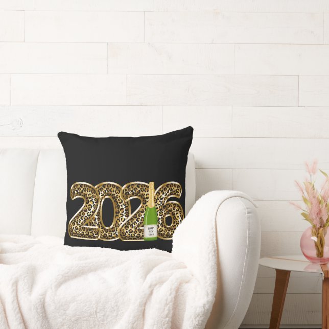 Happy New Year 2026 Leopard Balloon Champagne Chic Throw Pillow (Couch)