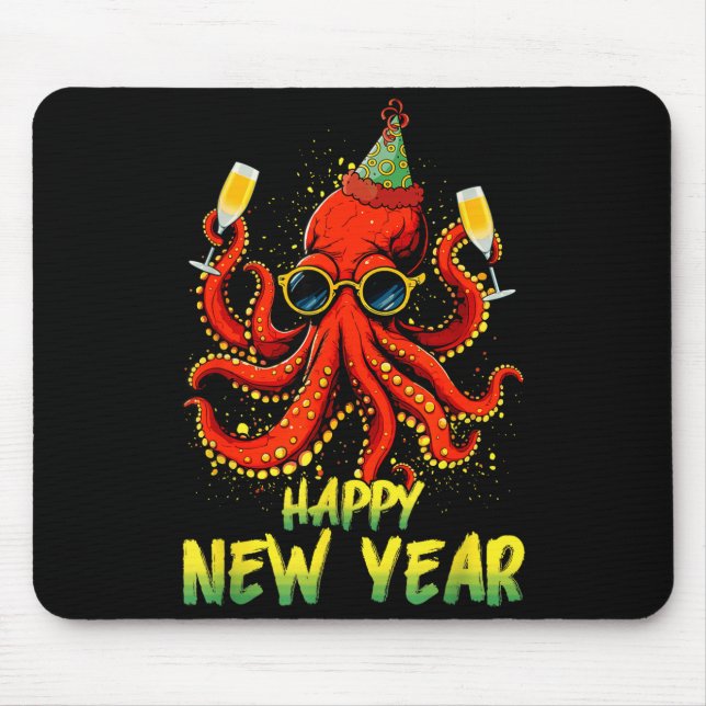 Happy New Year 2026 Octopus Drinking Champagne New Mouse Pad (Front)
