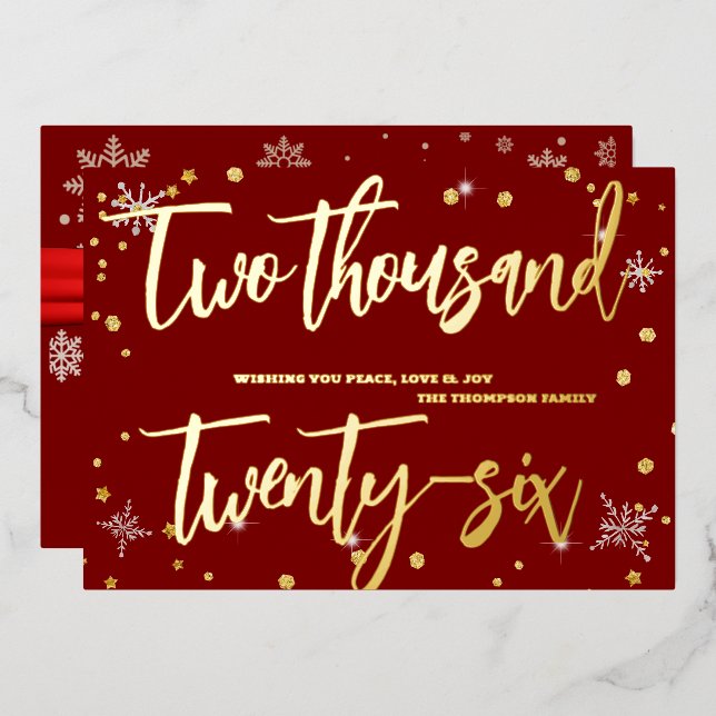 Happy New Year 2026 Retro Red Ribbon Foil Holiday Card (Front/Back)
