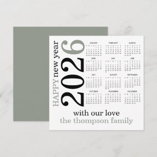 Happy New Year 2026 Sage White Calendar  Holiday Card