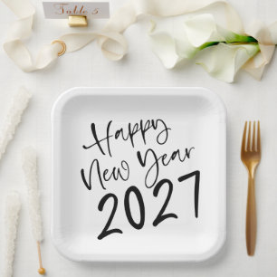 Happy New Year 2027 Black Script Paper Plates