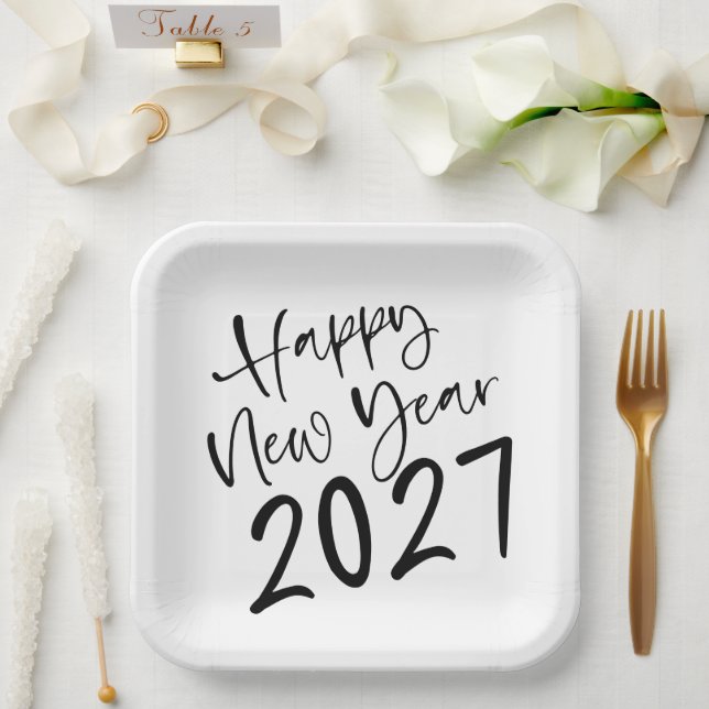 Happy New Year 2027 Black Script  Paper Plates (Wedding)