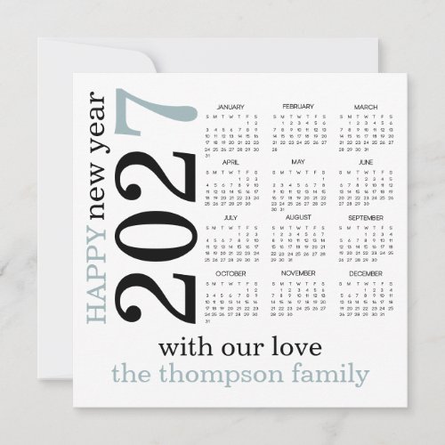 Happy New Year 2027 Blue White Calendar  Holiday Card