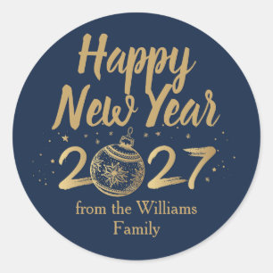 Happy New Year 2027 Chic Navy Blue Gold Custom Classic Round Sticker