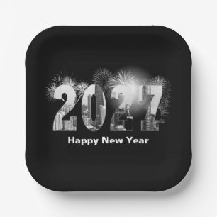 Happy New Year 2027 Chicago Skyline Paper Plates