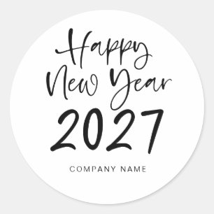 Happy New Year 2027 Company Name White Classic Round Sticker