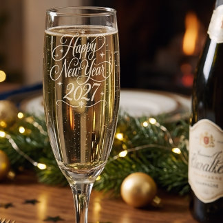 Happy New Year 2027 Elegant Script Sparkle Champagne Flute