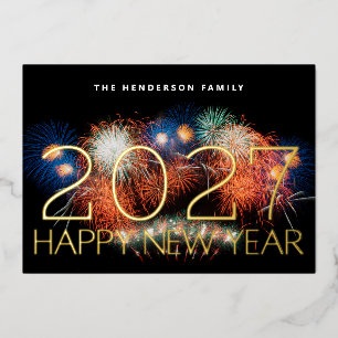 HAPPY NEW YEAR 2027 GOLD FIREWORKS PHOTO BACK FOIL HOLIDAY CARD
