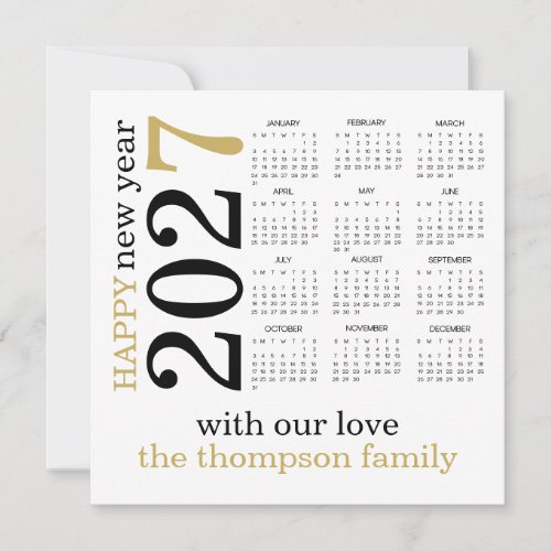 Happy New Year 2027 Gold White Calendar  Holiday Card
