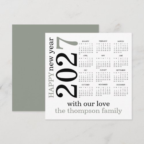 Happy New Year 2027 Sage White Calendar  Holiday Card