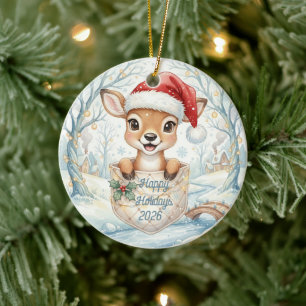 Happy New Year 2027 with Santa Deer Ceramic Ornament